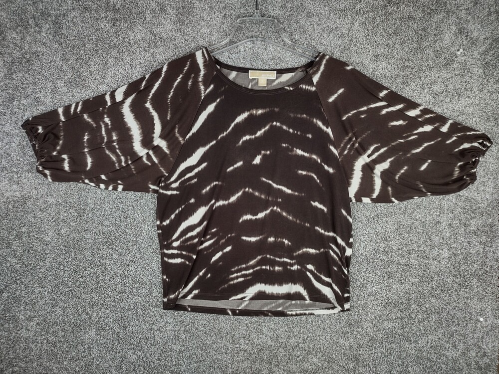 Michael Kors Blouse Top Women Medium Brown Animal Print Elbow Sleeve Dressy Boxy